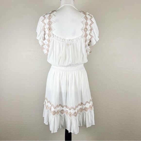 Ramy Brook White Tan Trim Mini Dress Eyelet Smocked Waist Vacation Large NWT - Picture 9 of 15